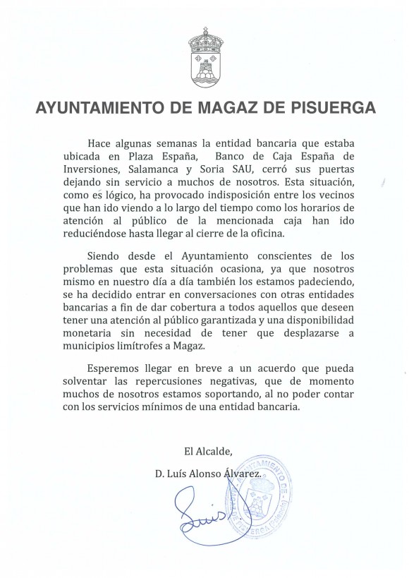 Nota Cierre entidad bancaria