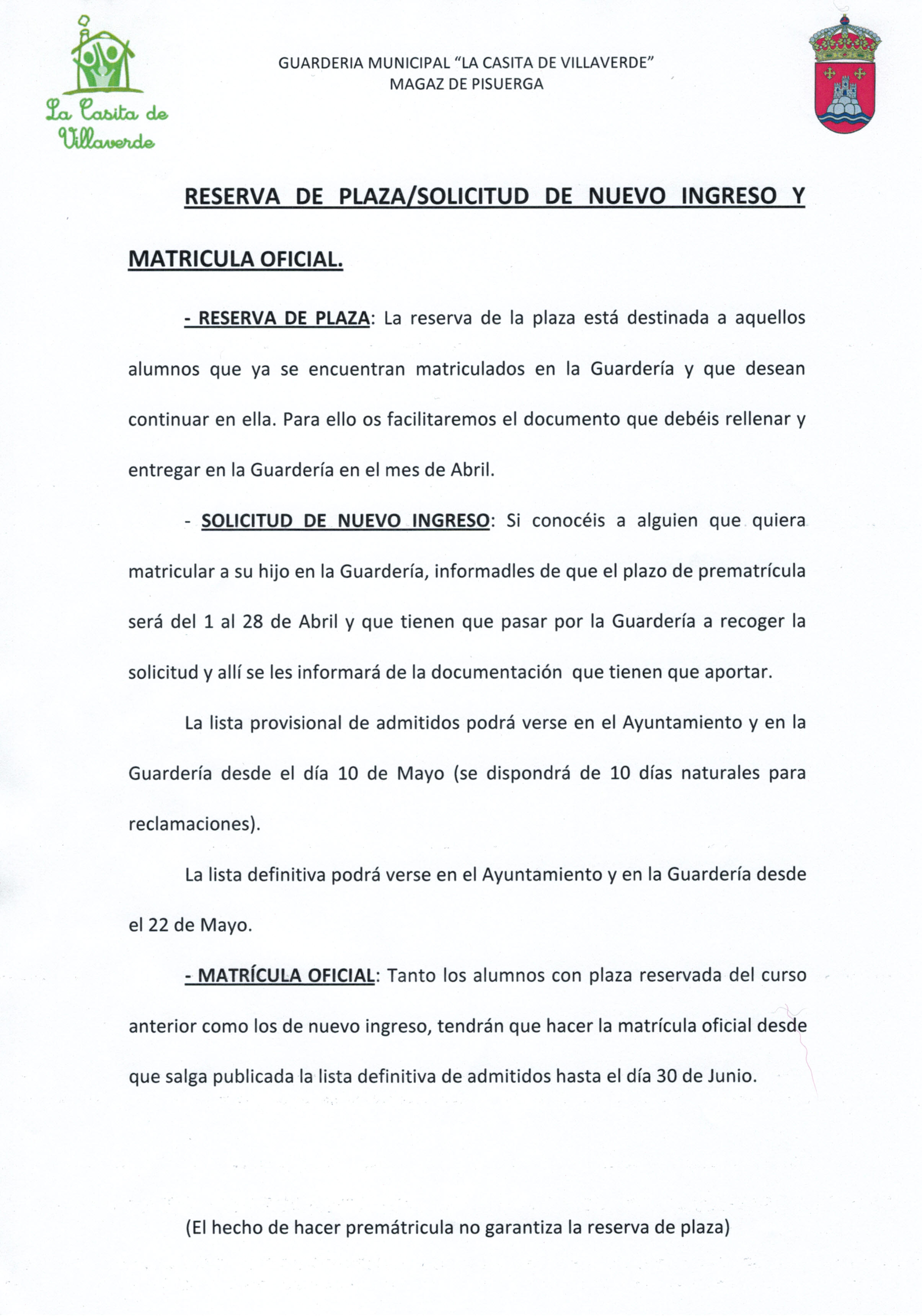 Guardería Municipal «La Casita de Villaverde» – Reserva de plaza/solicitud de nuevo ingreso