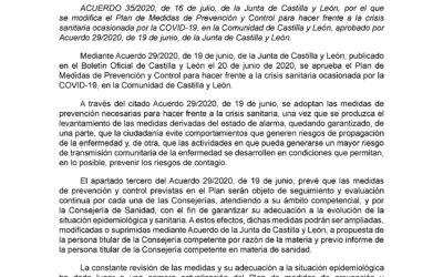 ACUERDO 35/2020 de la Junta de Castilla y León se modifica el Plan Covid-19