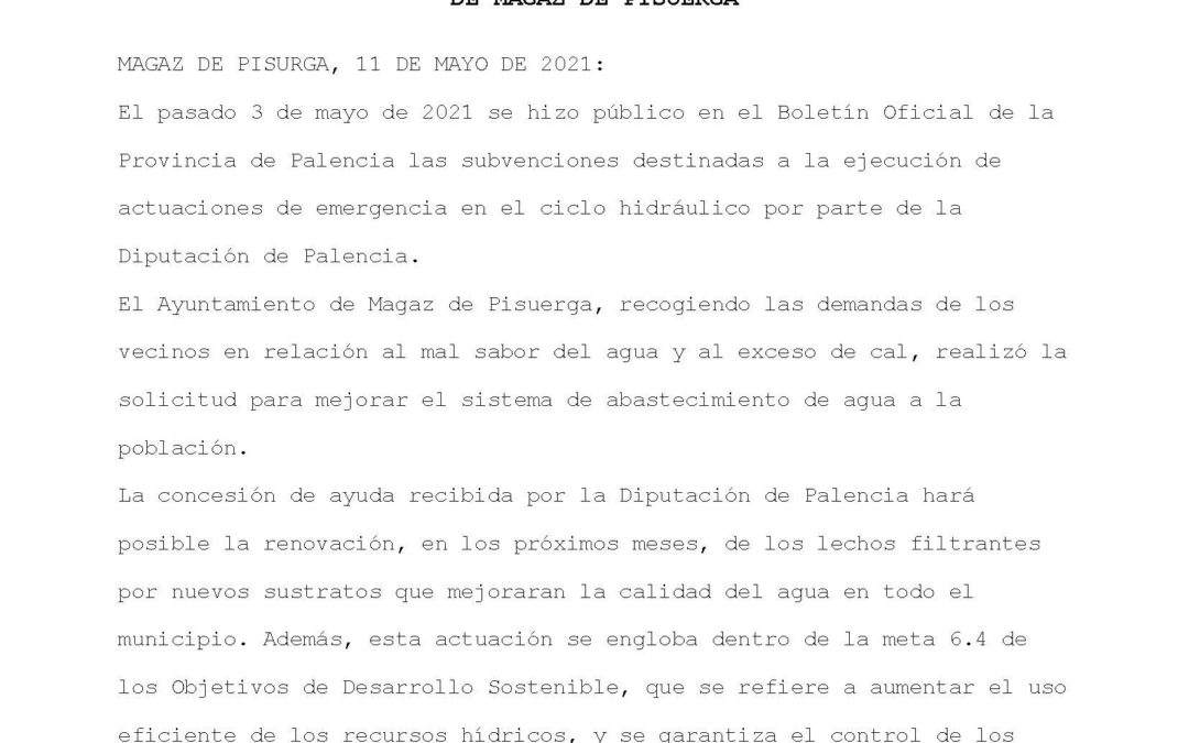 Concesión de la subvención para la renovación de lechos filtrantes y la mejora en la calidad del agua del municipio de Magaz de Pisuerga