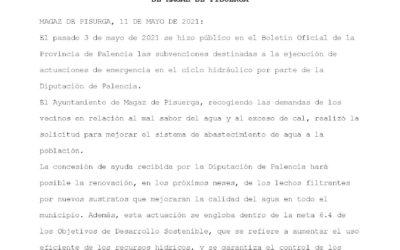 Concesión de la subvención para la renovación de lechos filtrantes y la mejora en la calidad del agua del municipio de Magaz de Pisuerga