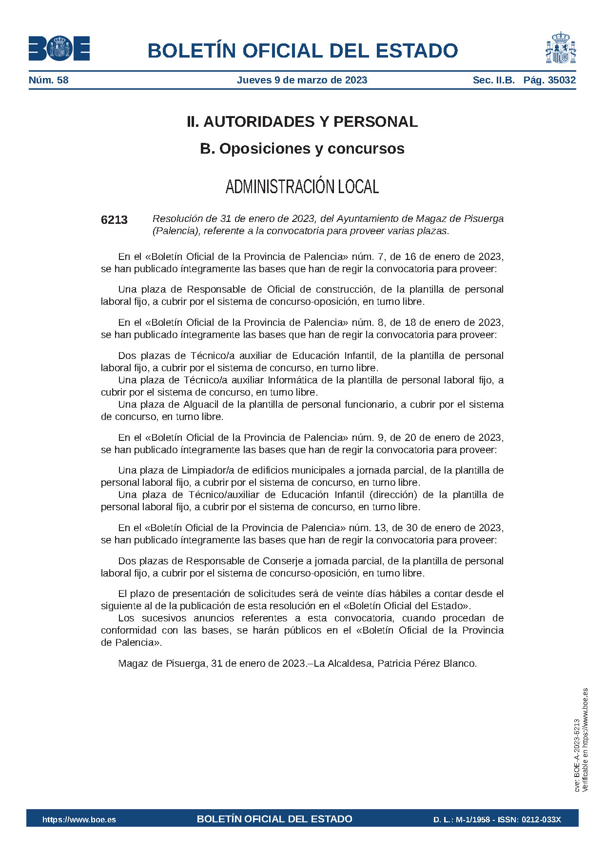 Resolución de 31 de enero de 2023, del Ayuntamiento de Magaz de Pisuerga (Palencia), referente a la convocatoria para proveer varias plazas.